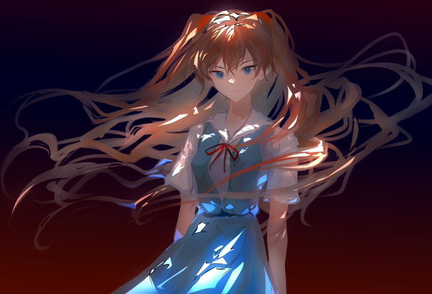 1girl absurdres arms_at_sides blue_dress blue_eyes chinese_commentary commentary_request cowboy_shot dress expressionless floating_hair gradient_background hairpods highres looking_at_viewer neck_ribbon neon_genesis_evangelion orange_hair pinafore_dress ribbon school_uniform shirt simple_background sleeveless sleeveless_dress solo souryuu_asuka_langley standing tokyo-3_middle_school_uniform two-tone_background two_side_up white_shirt zibuyuliuanligensui