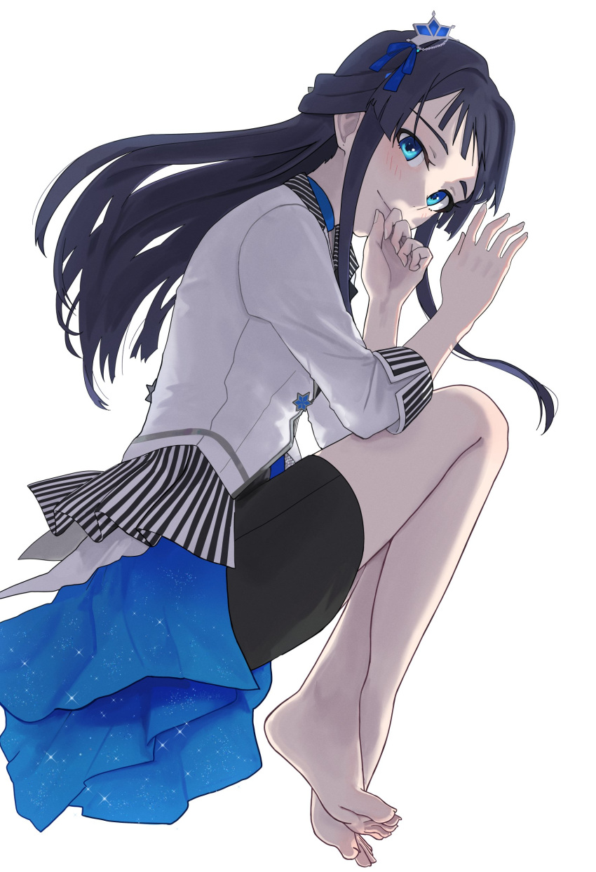 1girl absurdres barefoot black_skirt blue_bow blue_eyes blue_hair blue_ribbon blush bow closed_mouth crossed_ankles dorsiflexion epitaph_(1122) eyelashes feet from_above full_body hair_bow hair_ornament hands_up highres idolmaster idolmaster_million_live! idolmaster_million_live!_theater_days jacket knees_up legs long_hair long_sleeves looking_at_viewer lying miniskirt mogami_shizuka nail_polish on_side ribbon sidelocks simple_background skirt solo thighs toenails toes white_background white_jacket white_nails