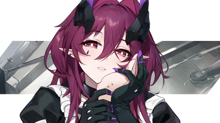 1girl apron arknights ascalon_(arknights) black-gloves close-up collar fingernails gloves hair_between_eyes hair_intakes hand_grab hand_on_another's_face horns long_hair long_wuxian looking_at_viewer maid maid_apron out_of_frame parted_lips pointy_ears portrait purple_eyes purple_hair sharp_fingernails sweatdrop upper_body