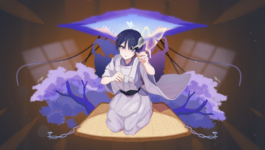 1boy bishounen blue_eyes blue_hair blurry blurry_background blush bug butterfly chain chobonu clothing_request full_body genshin_impact hair_between_eyes highres japanese_clothes male_focus on_ground open_mouth purple_eyes scaramouche_(genshin_impact) seiza short_hair sitting solo tree wanderer_(genshin_impact) wide_sleeves