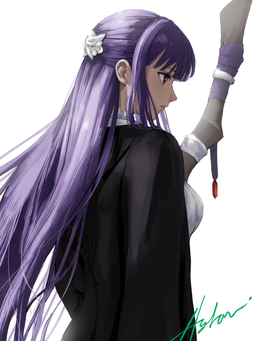1girl absurdres arm_at_side backlighting black_dress blunt_bangs bright_pupils closed_mouth commentary_request dress frieren from_side hair_over_shoulder half_updo highres hylran0427 lips long_hair looking_afar mage_staff profile purple_eyes purple_hair serious sidelocks signature simple_background solo sousou_no_frieren straight_hair tsurime upper_body very_long_hair white_background