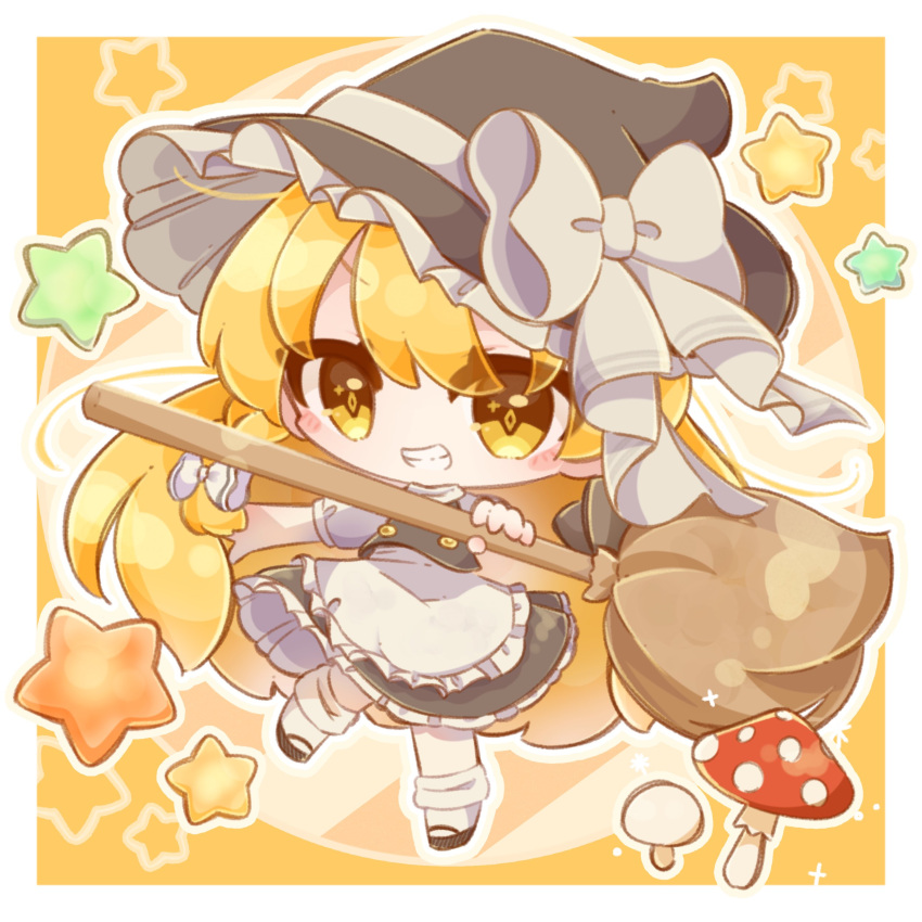 1girl absurdres apron blonde_hair bow braid broom chibi hair_bow hair_tubes hat hat_bow highres holding inukkomaru kirisame_marisa marisa_day mushroom side_braid single_braid solo star_(symbol) touhou waist_apron white_bow witch_hat yellow_eyes