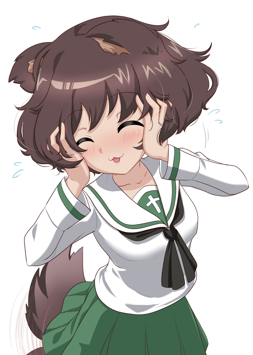 1girl :3 absurdres akiyama_yukari animal_ears brown_hair closed_eyes collarbone dog_ears dog_girl dog_tail girls_und_panzer green_skirt highres kemonomimi_mode ooarai_school_uniform parted_lips pleated_skirt school_uniform shiina_excel short_hair simple_background skirt solo tail white_background