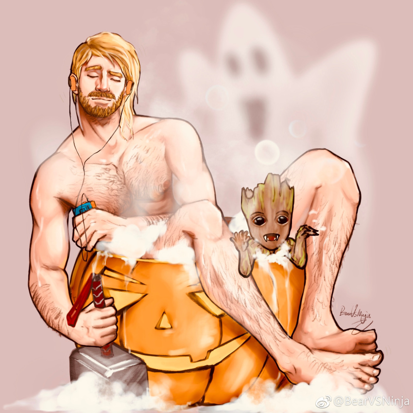 1boy avengers_(series) bara bathing beard blonde_hair character_request closed_mouth earphones facial_hair full_beard full_body ghost hairy hammer highres holding holding_hammer male_focus marvel mature_male muscular muscular_male nipples pectorals simple_background sitting soap_bubbles thick_arm_hair thick_chest_hair thick_eyebrows thick_leg_hair thor_(marvel) yi_hu