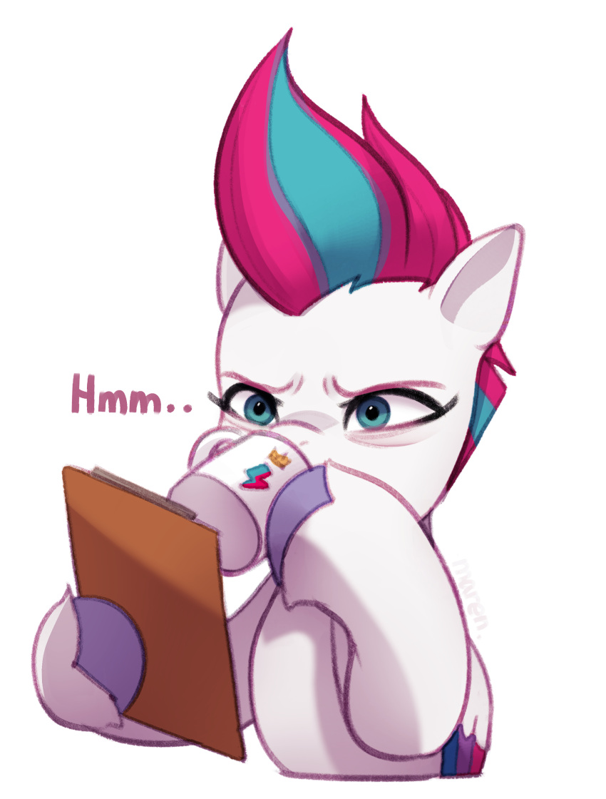 absurd_res blue_eyes clipboard container cup drinking equid equine female fur hair hasbro hi_res hooves mammal marenlicious mlp_g5 mug multicolored_hair my_little_pony mythological_creature mythological_equine mythology pegasus purple_hair simple_background solo two_tone_hair white_background white_body white_fur wings zipp_storm_(mlp)