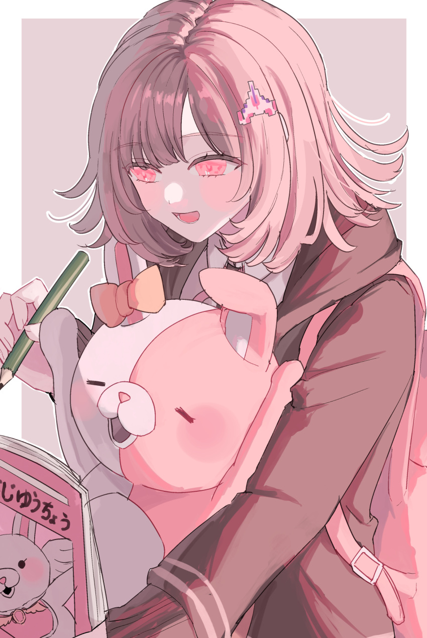 1girl :d absurdres book bow brown_jacket collared_shirt danganronpa_(series) danganronpa_2:_goodbye_despair ear_bow galaga hair_ornament highres holding holding_book holding_pen hood hood_down ibushi_(kuyuru_29) jacket medium_hair monomi_(danganronpa) nanami_chiaki neck_ribbon pen pink_eyes pink_ribbon ribbon shirt smile upper_body white_background