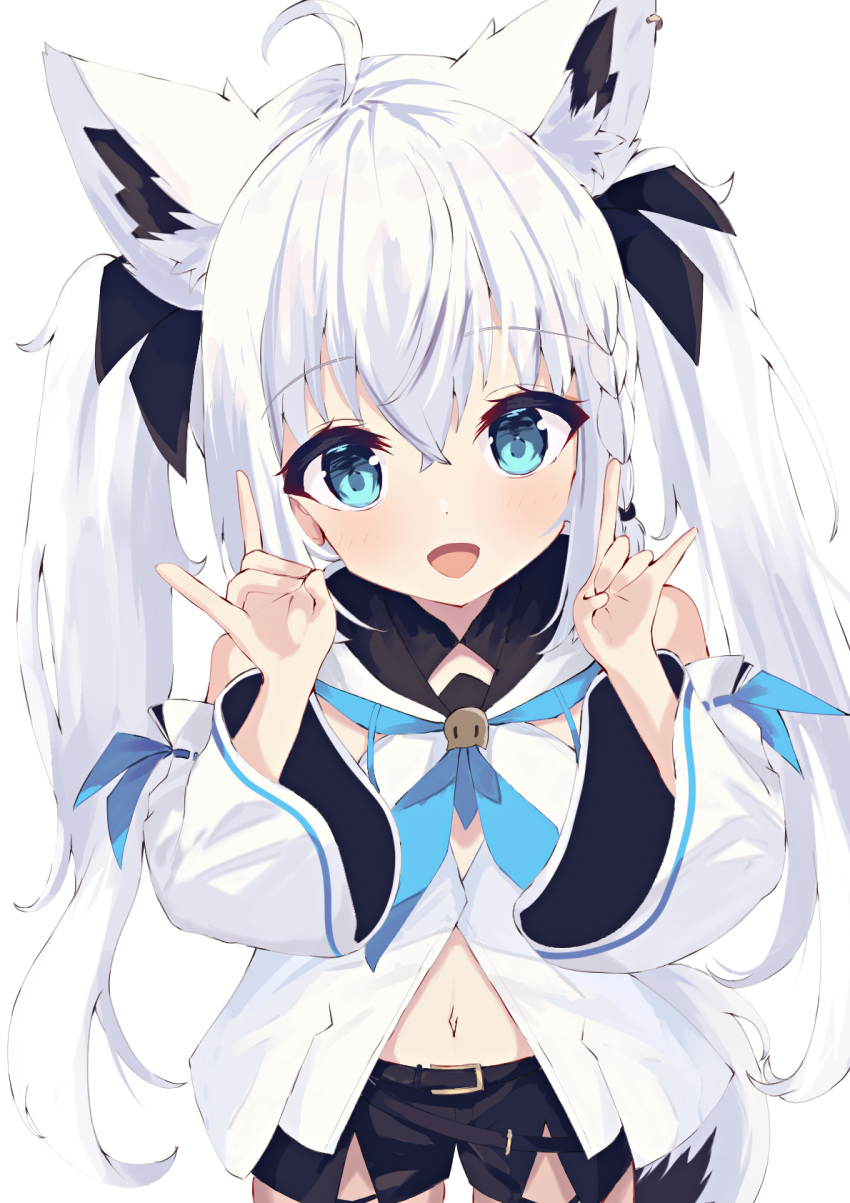 1girl ahoge animal_ear_fluff animal_ears belt black_shorts blue_eyes detached_sleeves double_fox_shadow_puppet fox_ears fox_girl fox_shadow_puppet fox_tail highres hololive long_hair looking_at_viewer natsuki_(natsu_1936) navel open_mouth ribbon shirakami_fubuki shirt short_shorts shorts smile solo tail twintails virtual_youtuber white_hair white_shirt white_sleeves