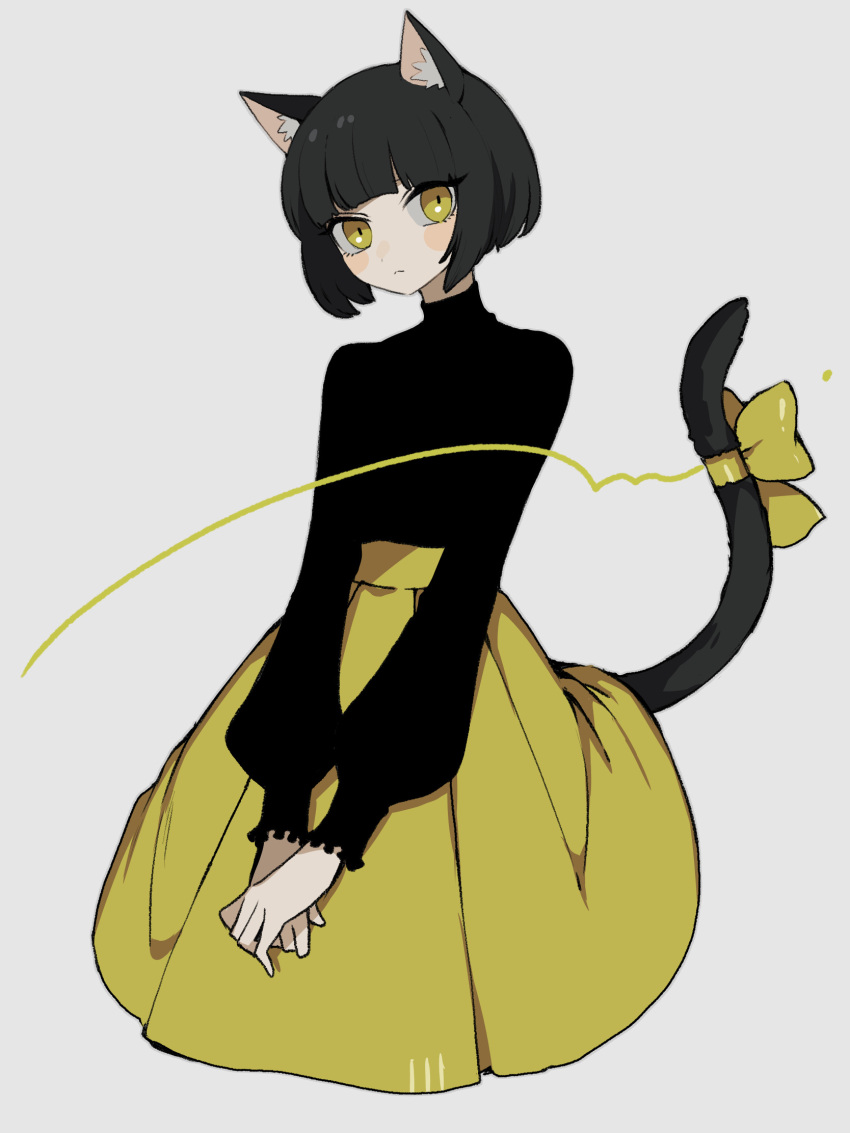 1girl animal_ears black_hair blunt_bangs bow cat_ears cat_girl cat_tail expressionless highres long_sleeves looking_at_viewer maco22 original own_hands_together ribbon short_hair skirt solo tail tail_bow tail_ornament yellow_eyes