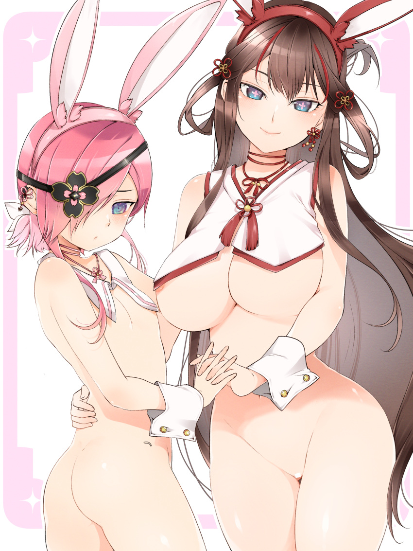 +_+ 2girls absurdres animal_ears ass ass_visible_through_thighs bar_censor blue_eyes breast_curtains breasts brown_hair butt_crack censored chinese_knot cleavage closed_mouth commission commissioner_upload detached_collar earrings embarrassed eyepatch fake_animal_ears flat_chest flower-shaped_pupils frontless_outfit hair_over_eyes hair_rings hand_on_another's_hip highres holding_hands interlocked_fingers jewelry kazakiri_(senran_kagura) kinako_(mzknk0) large_breasts long_hair looking_at_viewer looking_down meme_attire mismatched_earrings multicolored_hair multiple_girls multiple_hairpins navel neck_tassel nipple_slip nipples no_panties one_eye_covered pink_hair pink_pupils pink_tassel playboy_bunny rabbit_ears red_hair revealing_clothes reverse_bunnysuit reverse_outfit senran_kagura short_hair simple_background skeb_commission smile stomach streaked_hair symbol-shaped_pupils thong toki_(senran_kagura) underboob wrist_cuffs