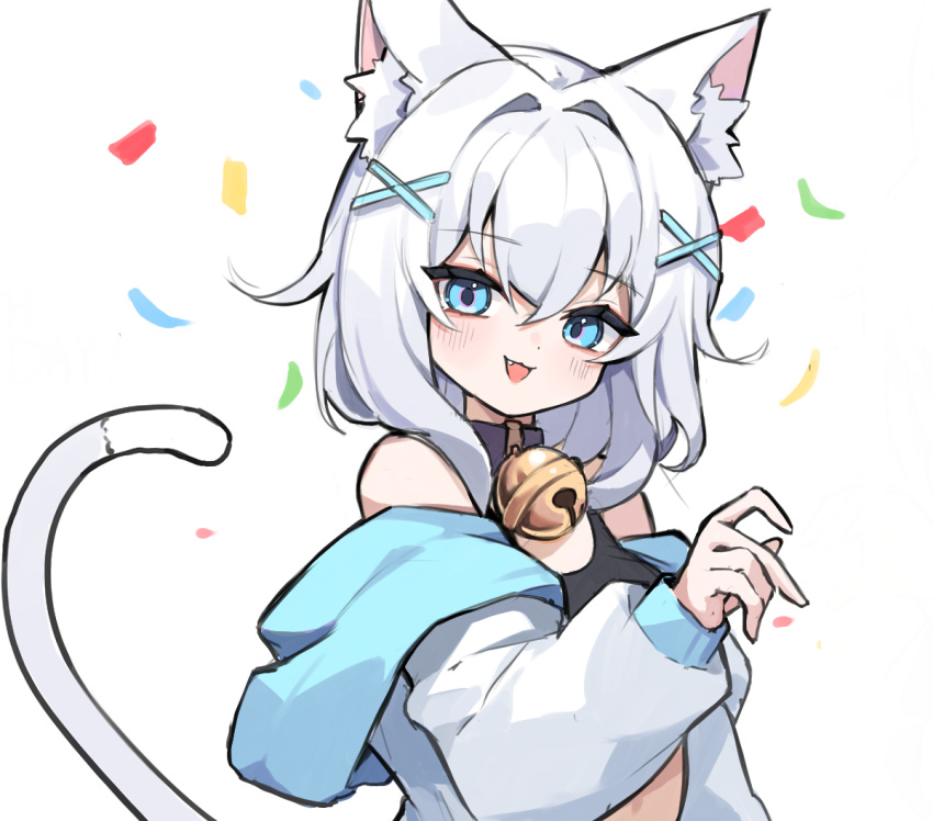 animal_ears blue_eyes finger_heart jacket looking_at_viewer medium_hair multiple_hairpins original tail wang0424 white_hair white_jacket