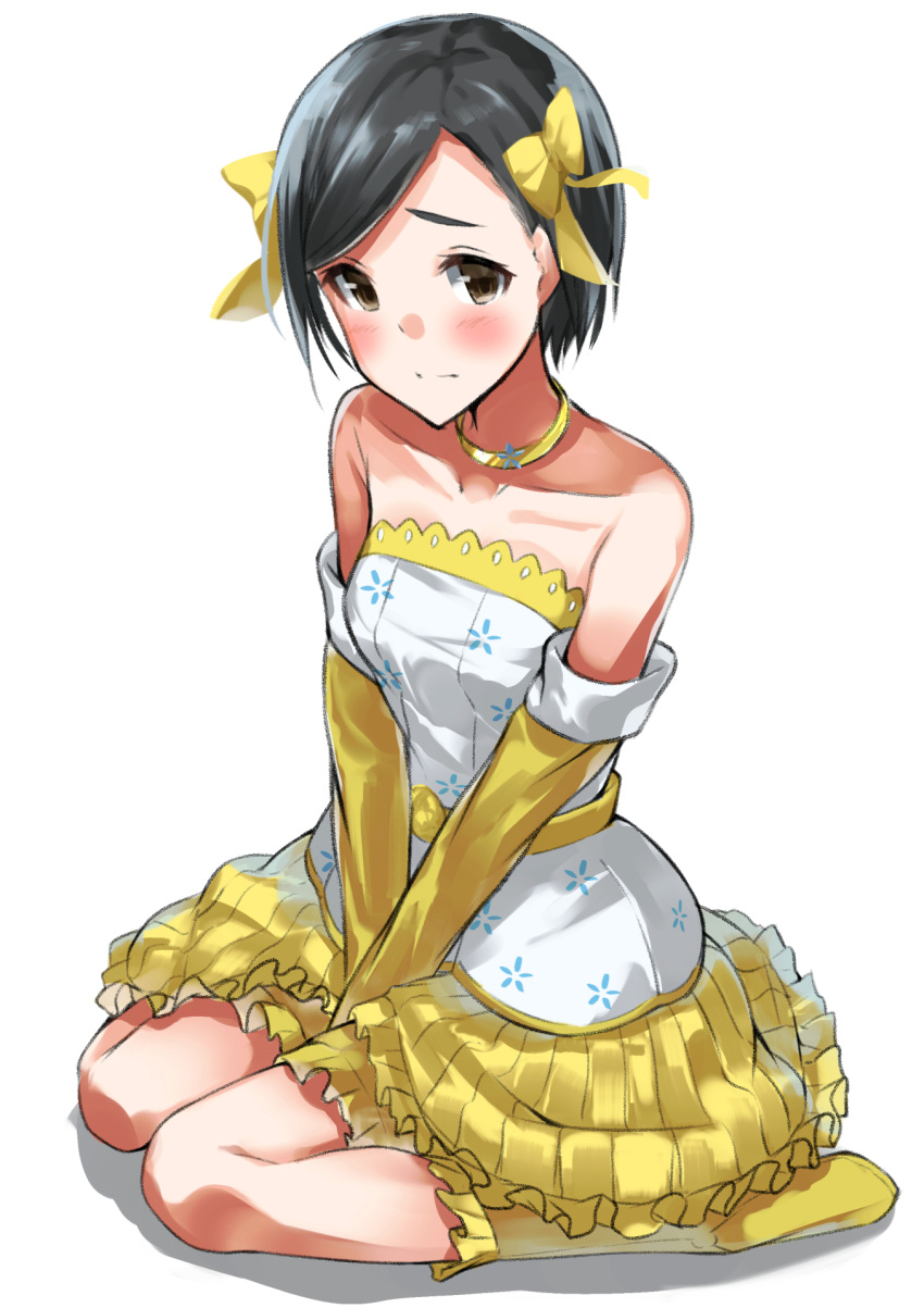 1girl bare_shoulders between_legs black_eyes black_hair blush brown_eyes choker dress elbow_gloves full_body gloves hand_between_legs highres idolmaster idolmaster_cinderella_girls looking_at_viewer matsuo_chizuru okomeito simple_background sitting solo two-tone_dress wariza white_background white_dress yellow_choker yellow_dress yellow_footwear yellow_gloves