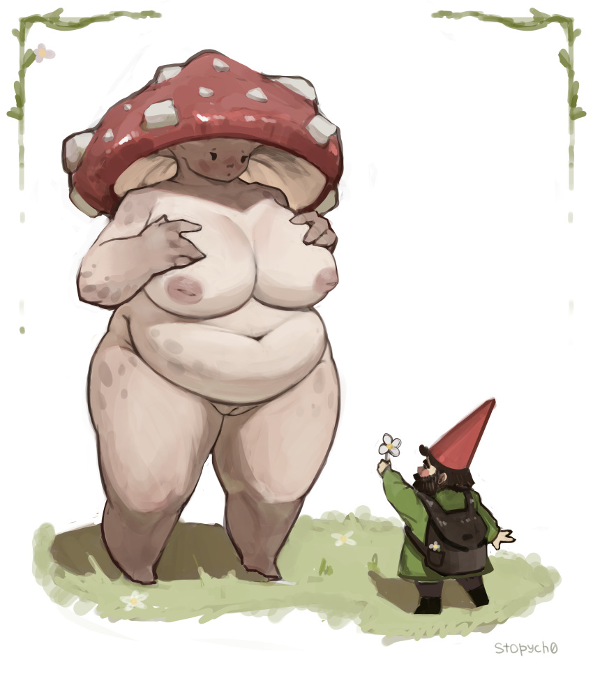 absurd_res backpack belly big_breasts big_butt black_backpack breasts butt clothing coat duo elemental_creature female fly_agaric fungi_fauna fungus genitals green_clothing green_coat green_topwear hat headgear headwear hi_res larger_female looking_at_another male mushroom mushroom_cap myconid not_furry nude plant pussy red_clothing red_hat red_headwear size_difference smaller_male solo standing stopych topwear