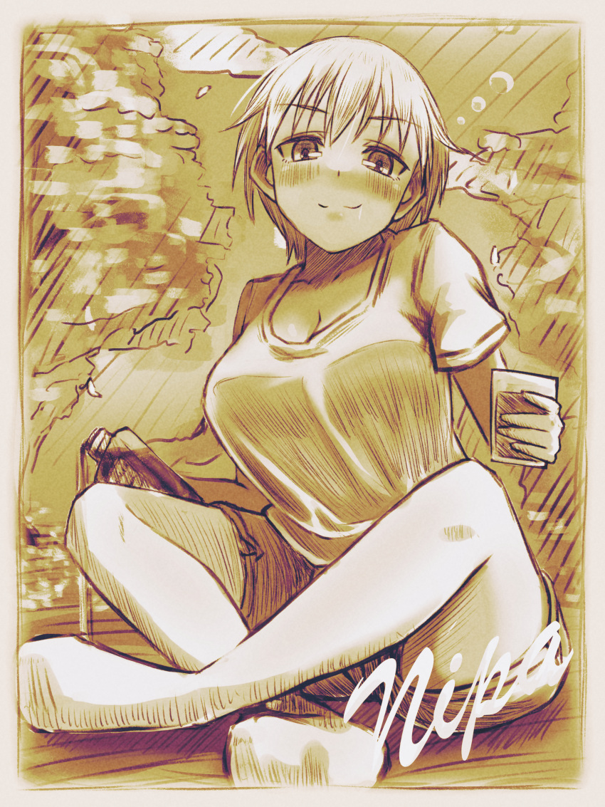 1girl absurdres blush brave_witches breasts cleavage closed_mouth drink highres large_breasts looking_at_viewer monochrome nikka_edvardine_katajainen outdoors pantyhose shirt short_hair smile solo tama_kitsune world_witches_series