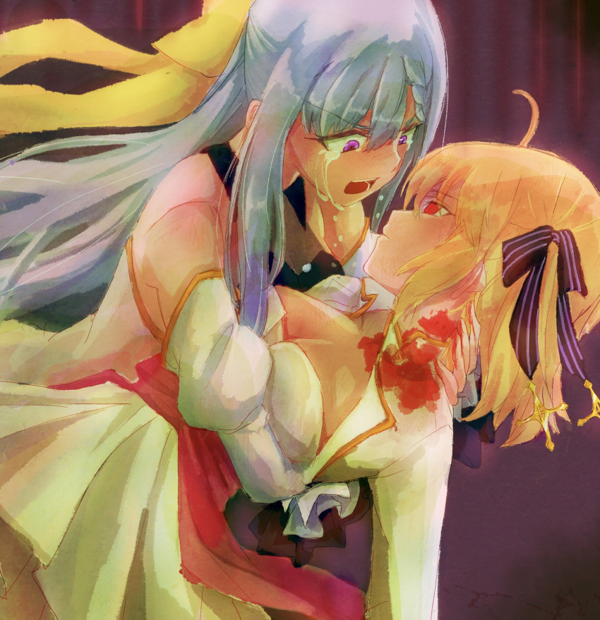 2girls ahoge anisphia_wynn_palettia arm_around_waist bare_shoulders black_ribbon blonde_hair blood blood_on_clothes chinese_commentary closed_mouth commentary_request crying crying_with_eyes_open dress euphyllia_magenta grey_hair hair_ribbon hand_on_another's_neck highres injury jacket long_hair looking_at_another medium_hair multiple_girls off-shoulder_dress off_shoulder open_mouth purple_background purple_eyes qqwan120 red_eyes ribbon shouting tears tensei_oujo_to_tensai_reijou_no_mahou_kakumei white_dress white_jacket yellow_ribbon