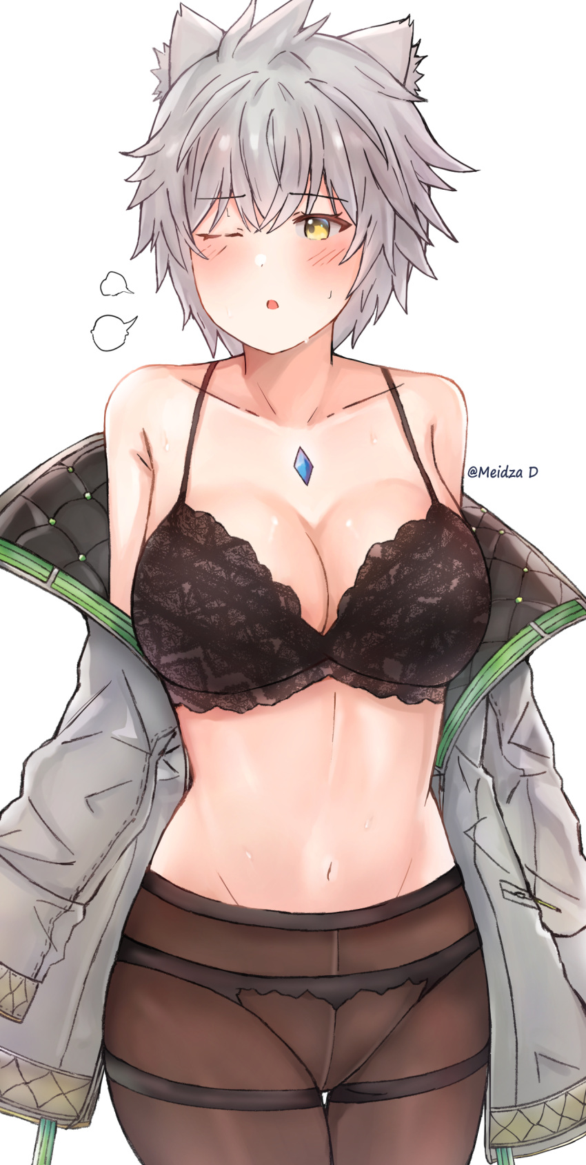 1girl absurdres animal_ears black_bra bra breasts cat_ears chest_jewel cleavage core_crystal_(xenoblade) grey_hair highres jacket lace-trimmed_bra lace_trim large_breasts meidza_d na'el_(xenoblade) off_shoulder one_eye_closed panties panties_under_pantyhose pantyhose short_hair solo thighband_pantyhose underwear xenoblade_chronicles_(series) xenoblade_chronicles_3 xenoblade_chronicles_3:_future_redeemed