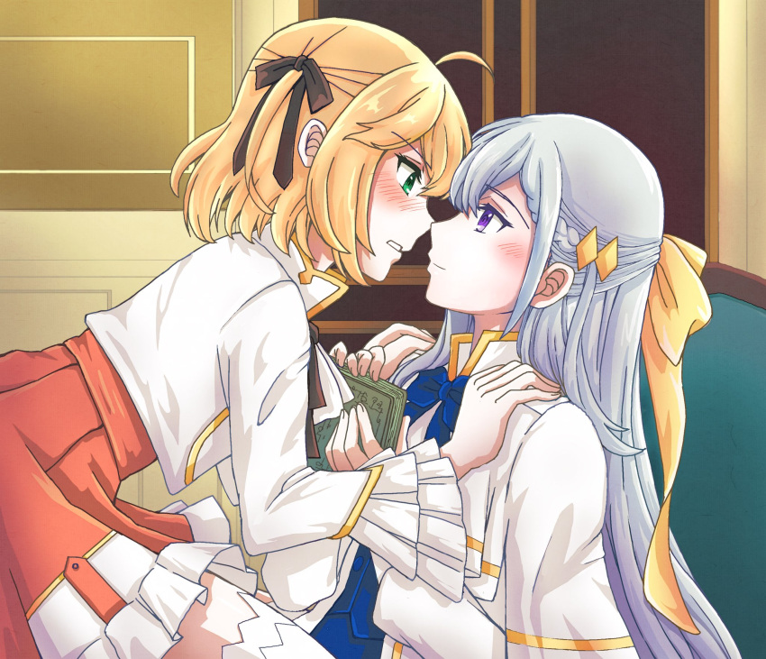 2girls anisphia_wynn_palettia black_ribbon blonde_hair blue_bow blue_bowtie blush book bow bowtie chinese_commentary closed_mouth coat commentary_request euphyllia_magenta eye_contact green_eyes grey_hair hair_ribbon hands_on_another's_shoulders highres holding holding_book indoors jacket long_hair long_sleeves looking_at_another medium_hair multiple_girls noses_touching on_chair purple_eyes qqwan120 red_skirt ribbon sitting sitting_on_lap sitting_on_person skirt smile tensei_oujo_to_tensai_reijou_no_mahou_kakumei white_coat white_jacket yellow_ribbon yuri