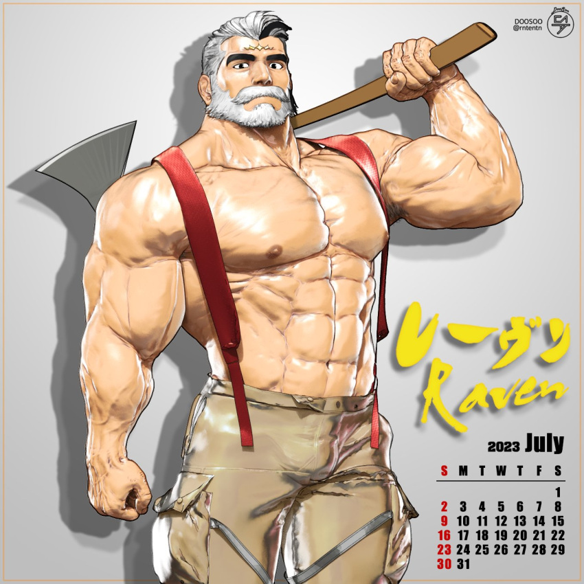 1boy 2023 3d abs axe bara beard brown_pants bulge calendar_(medium) cargo_pants character_name cowboy_shot doosoo drop_shadow facial_hair facial_mark forehead_mark full_beard grey_background highres holding holding_axe huge_pectorals july korean_commentary looking_at_viewer male_focus mature_male mismatched_eyebrows multicolored_hair muscular muscular_male naked_suspenders navel nipples over_shoulder pants raven_arthur_(housamo) simple_background solo streaked_beard streaked_hair suspenders thick_arms thick_beard thick_eyebrows thick_mustache thick_neck tokyo_afterschool_summoners topless_male twitter_username veins veiny_arms weapon weapon_over_shoulder