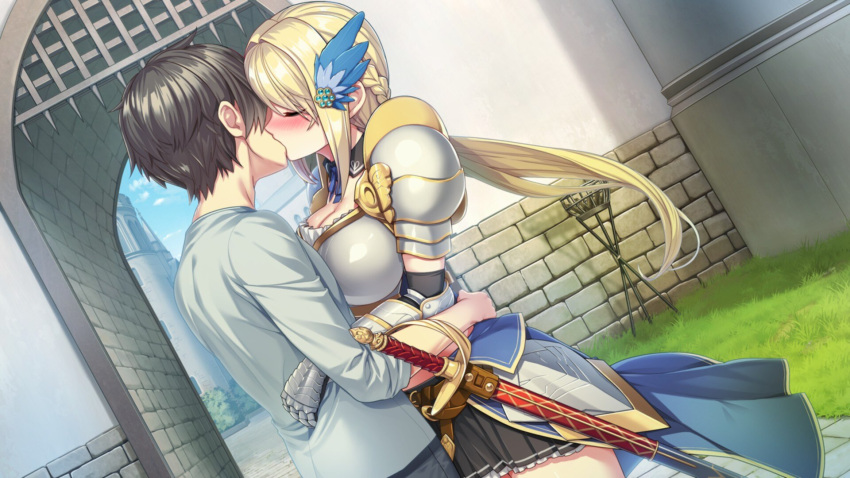 1boy 1girl armor black_hair black_skirt blonde_hair blush braid breasts brick_wall cattleya_(kukkorodays) cleavage defensive_wall faceless faceless_male faulds game_cg gate gauntlets grass hair_ornament highres kiss knight kukkorodays long_hair non-web_source outdoors pleated_skirt shoulder_armor side_braid skirt sword weapon yamacchi