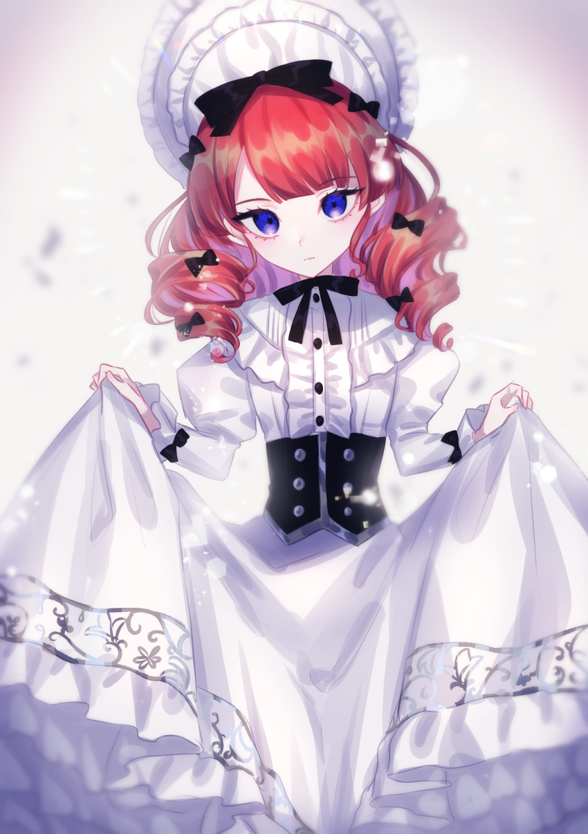 1girl absurdres akikawa_higurashi bonnet bow center_frills corset dress drill_hair expressionless frills hair_bow highres juliet_sleeves long_hair long_sleeves looking_at_viewer original puffy_sleeves purple_eyes red_hair skirt_hold solo