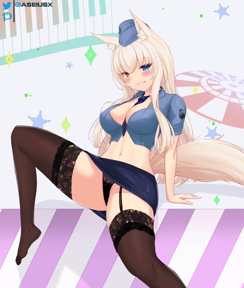 1girl absurdres alternate_costume animal_ear_fluff animal_ears arm_support artist_name aseiusx between_breasts black_panties blonde_hair blue_eyes blue_necktie blue_shirt blue_skirt blush breasts brown_thighhighs cat_ears cat_girl cat_tail cleavage coconut_(nekopara) collared_shirt commentary commission cropped_shirt curvy eyelashes eyes_visible_through_hair foot_out_of_frame garter_straps grin hair_between_eyes heterochromia highres large_breasts leaning_back lingerie long_hair looking_at_viewer midriff miniskirt navel necktie necktie_between_breasts nekopara no_shoes panties pencil_skirt police police_uniform policewoman seductive_smile shirt short_sleeves sidelocks simple_background sitting skirt slit_pupils smile solo spread_legs star_(symbol) straight_hair tail thighhighs thighs tsurime underwear uniform very_long_hair white_background yellow_eyes