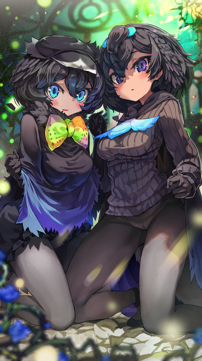 2girls absurdres antennae bird_girl bird_tail bird_wings black_cape black_hair black_sweater blue_eyes blush bow bowtie breasts cape gloves gradient_bow hair_between_eyes hat head_wings highres kemono_friends kemono_friends_2 long_sleeves looking_at_viewer medium_breasts melaton multicolored_bowtie multiple_girls open_mouth pantyhose short_hair skirt smile superb_bird-of-paradise_(kemono_friends) sweater tail western_parotia_(kemono_friends) wings
