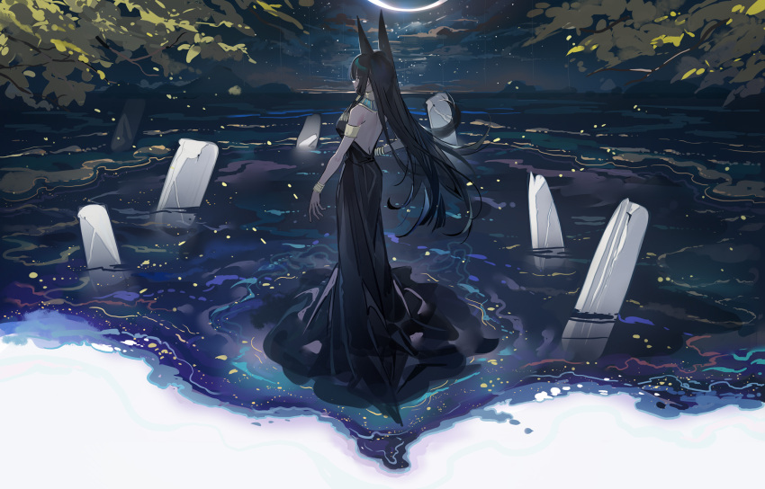 1girl animal_ears armlet backless_outfit black_dress black_hair bracelet dark-skinned_female dark_skin dress echj eclipse egyptian full_body highres jewelry long_hair night night_sky original sky solar_eclipse solo standing usekh_collar very_long_hair