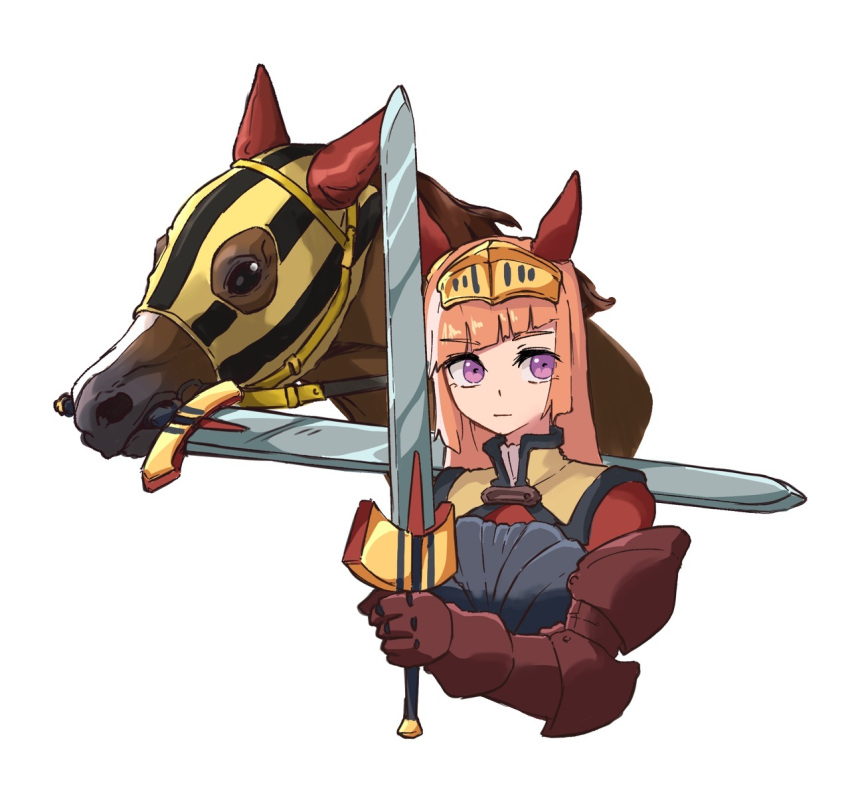 1girl animal_ears arm_guards armor breastplate creature_and_personification durandal_(racehorse) ear_covers gauntlets holding holding_sword holding_weapon hood horse horse_ears horse_girl knight long_hair mouth_hold namesake obushideian orange_hair original purple_eyes sword umamusume upper_body visor_(armor) weapon white_background