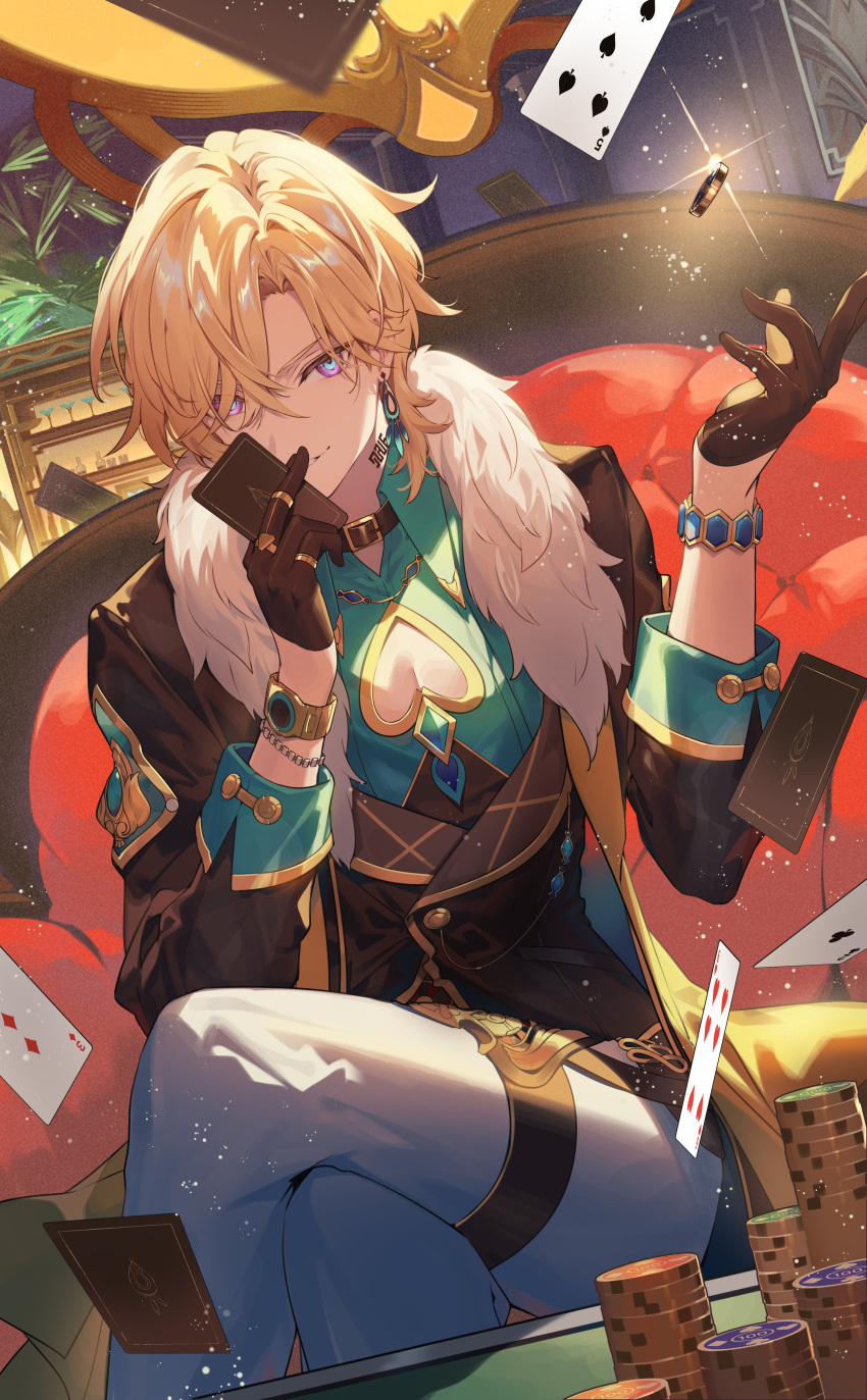 1boy absurdres aqua_shirt aventurine_(honkai:_star_rail) black_gloves blonde_hair bracelet card clothing_cutout collared_shirt couch crossed_legs earrings fur_trim gloves hair_between_eyes highres holding holding_card honkai:_star_rail honkai_(series) jewelry looking_at_viewer male_focus multicolored_eyes necomi on_couch pants pectoral_cleavage pectorals playing_card poker_chip ring shirt short_hair sitting solo two-tone_eyes watch white_pants wristwatch