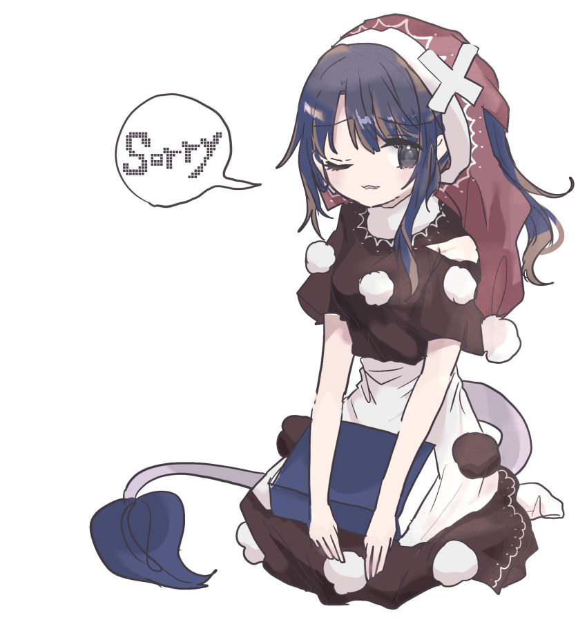 1girl apron black_dress black_eyes doremy_sweet dress full_body grey_tail hat highres kneeling long_dress long_hair no_nose one_eye_closed parted_lips pom_pom_(clothes) purple_hair red_hat short_sleeves simple_background sketch solo speech_bubble tail touhou white_apron white_background zabuton_(mgdw5574)