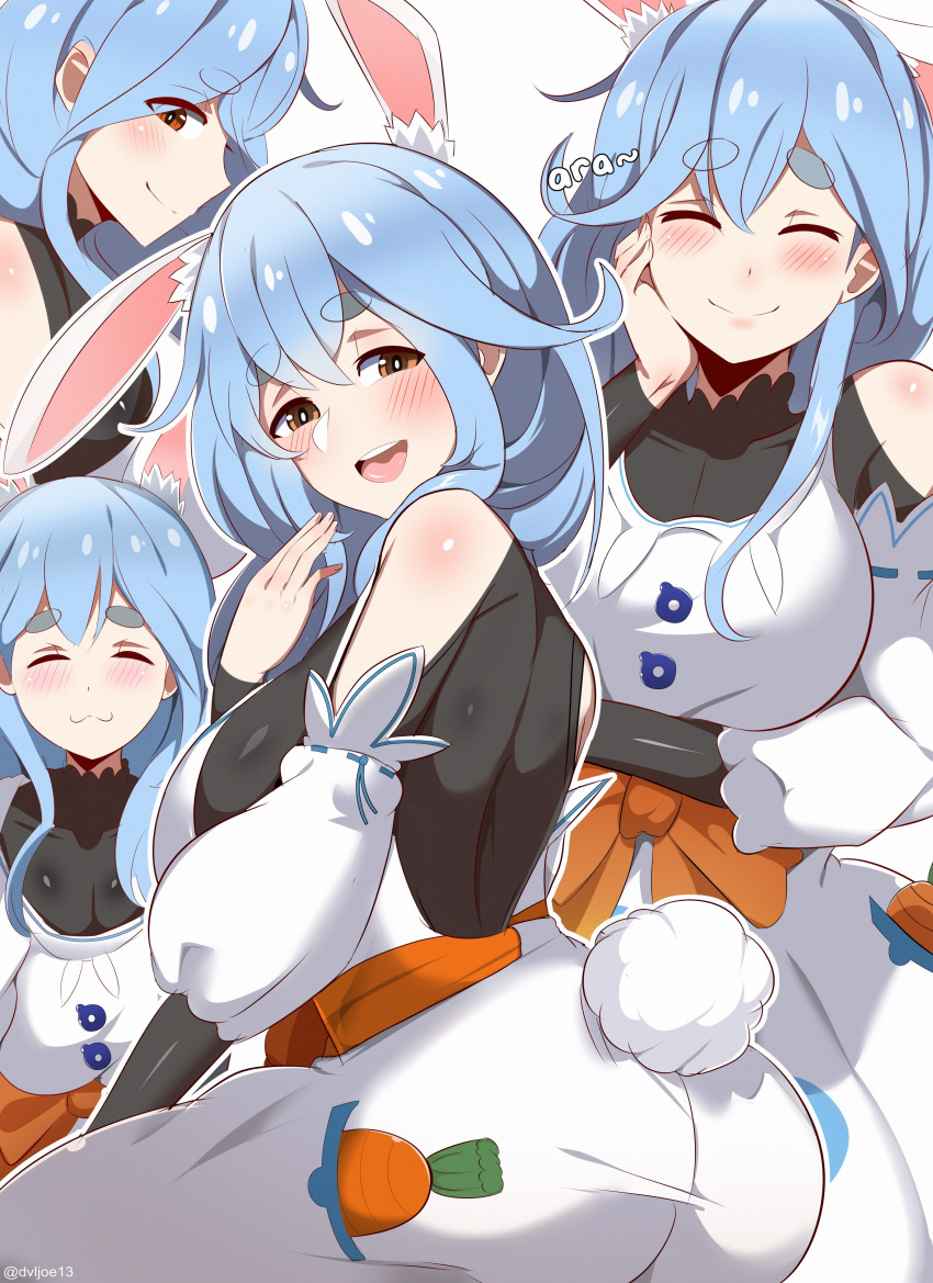 1girl absurdres animal_ear_fluff animal_ears black_bodysuit blue_hair bodysuit braided_ponytail_elf_(dungeon_meshi) breasts brown_eyes carrot closed_eyes closed_mouth dress dvljoe hand_on_own_cheek hand_on_own_face highres hololive large_breasts long_hair mature_female multicolored_hair open_mouth pekomama rabbit_ears rabbit_girl rabbit_tail short_eyebrows simple_background smile solo streaked_hair tail thick_eyebrows virtual_youtuber white_background white_dress white_hair