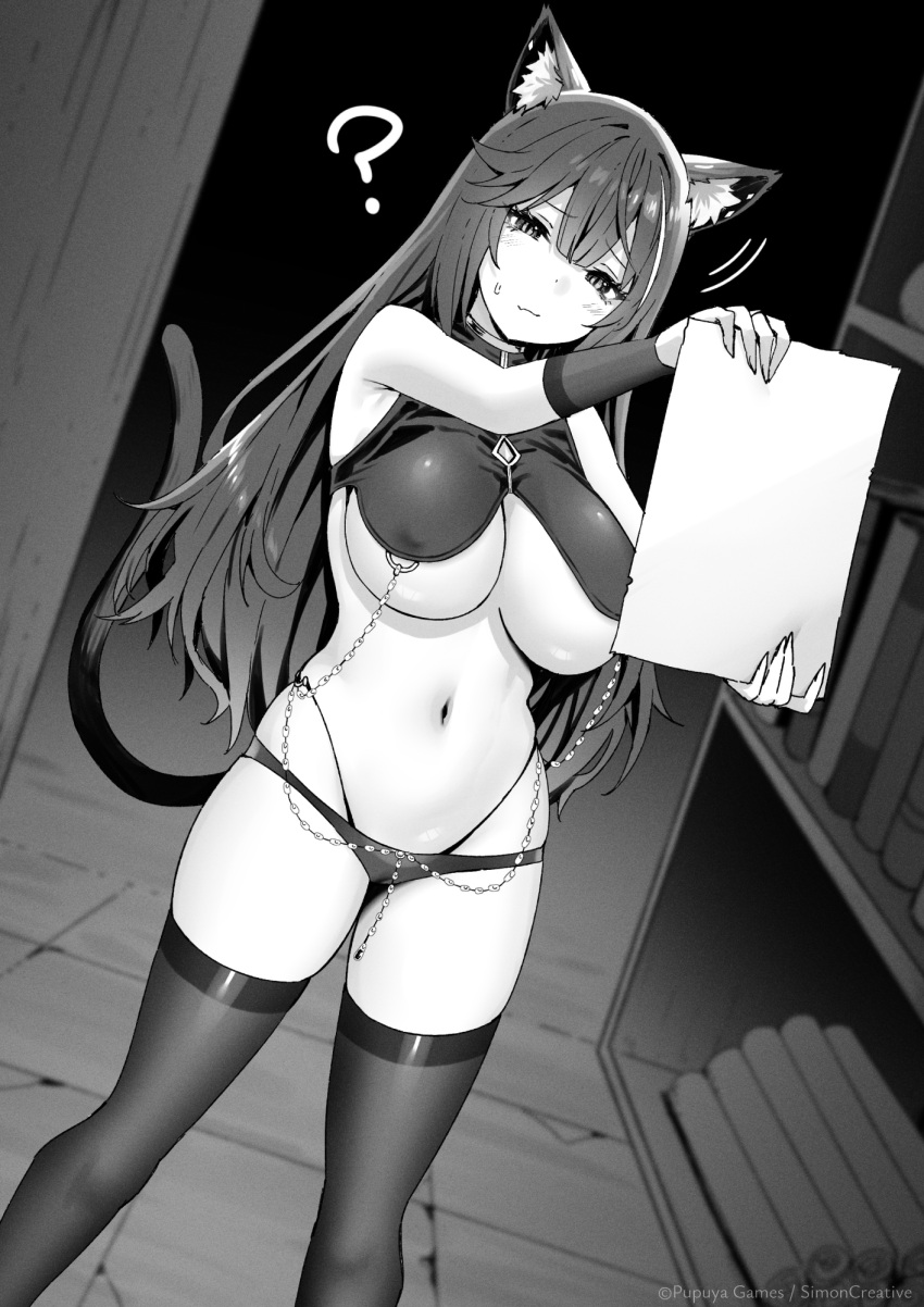 1girl ? animal_ear_fluff animal_ears bikini breasts cat_ears cat_tail character_request cleavage groin highres holding large_breasts little_witch_nobeta long_hair lowleg lowleg_bikini monochrome navel paper reading second-party_source sky-freedom solo standing stomach swimsuit tail thighhighs thighs