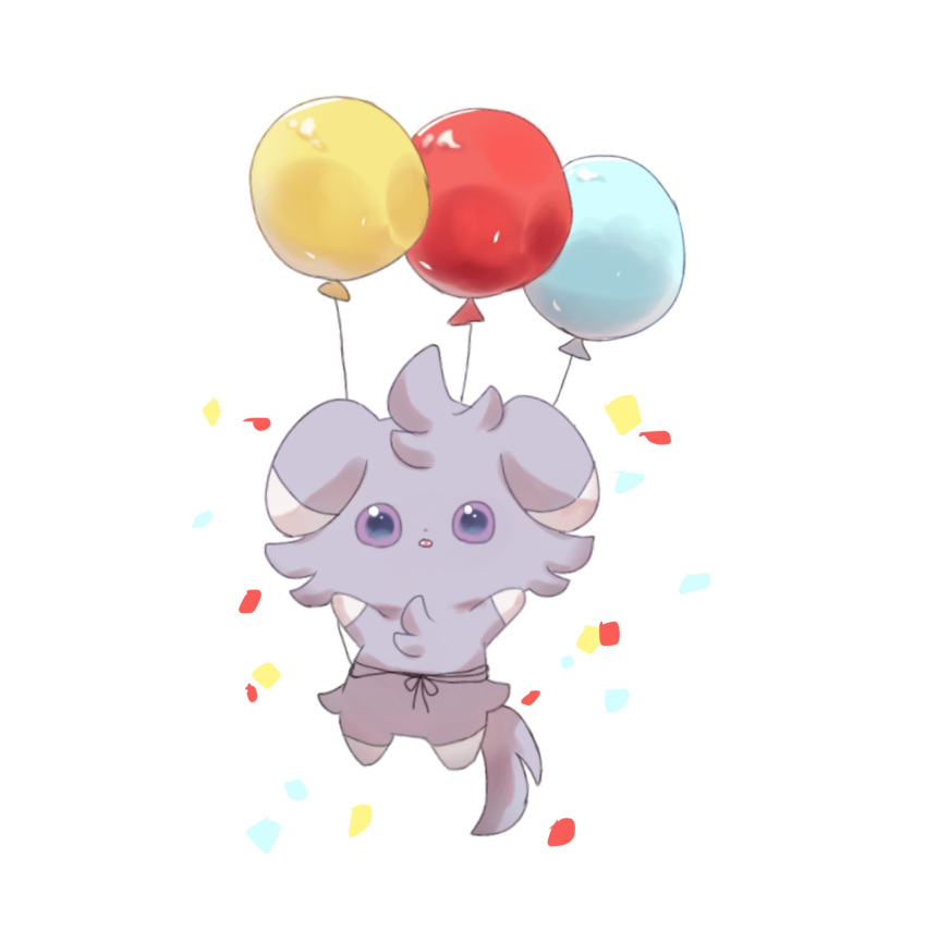 animal_focus arms_up balloon commentary_request confetti espurr grey_fur highres no_humans open_mouth pokemon pokemon_(creature) purple_eyes simple_background suimin_ap_(aroniumu) tail white_background