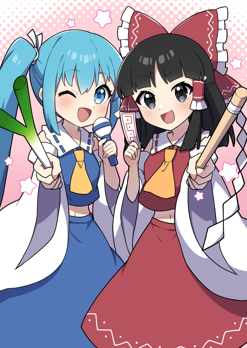 2girls :d ;d absurdres ascot black_eyes black_hair blue_eyes blue_hair blush bow cowboy_shot crop_top cropped_shirt detached_sleeves food frilled_bow frilled_hair_tubes frills gohei hair_bow hair_tubes hakurei_reimu hatsune_miku highres holding holding_food holding_gohei holding_microphone long_hair long_sleeves looking_at_viewer medium_hair microphone midriff miz_(mizillustration) multiple_girls navel one_eye_closed open_mouth orange_ascot red_bow red_shirt red_skirt shide shirt sidelocks skirt sleeveless sleeveless_shirt smile spring_onion standing star_(symbol) touhou twintails vocaloid white_sleeves wide_sleeves