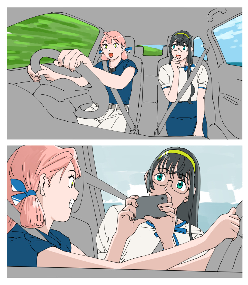 2girls akashi_(kancolle) black_hair blue_shirt blue_skirt blunt_tresses car_interior cellphone glasses green_eyes grin hair_ribbon hairband highres kantai_collection long_hair multiple_girls official_alternate_costume ojipon ooyodo_(kancolle) pants phone pink_hair revision ribbon right-hand_drive seatbelt semi-rimless_eyewear shirt skirt smile steering_wheel taking_picture tress_ribbon under-rim_eyewear white_pants white_shirt yellow_hairband