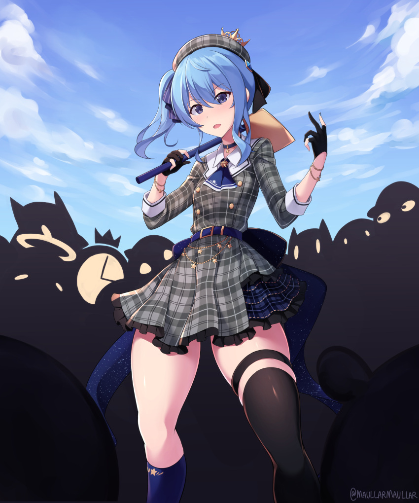 1girl absurdres ascot asymmetrical_legwear axe beret blue_eyes blue_hair cloud crown dress gloves hat highres holding holding_axe holocure hololive hoshimachi_suisei maullarmaullar medium_hair mini_crown partially_fingerless_gloves plaid plaid_dress side_ponytail single_thighhigh sky solo_focus star_(symbol) star_in_eye symbol_in_eye thick_thighs thigh_strap thighhighs thighs virtual_youtuber