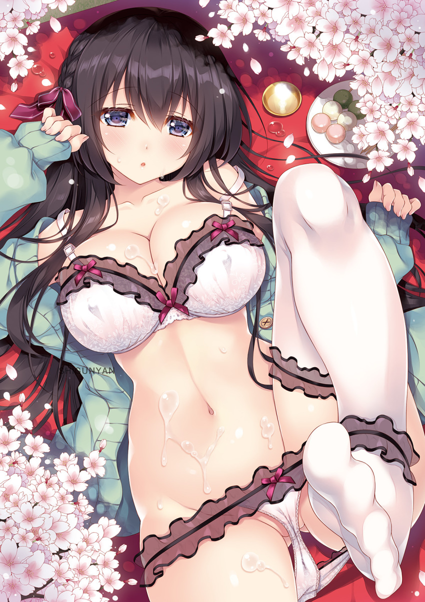 arm_up bikini black_hair bra braid breasts cherry_blossoms cum cum_on_body cum_on_breasts green_jacket highres jacket large_breasts long_hair looking_at_viewer open_mouth original panties shigunyan socks stomach swimsuit underwear white_bikini white_bra white_panties white_socks