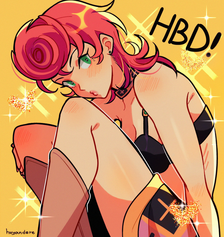 1girl absurdres artist_name black_bra boots bra choker curled_up english_commentary green_eyes happy_birthday highres huyandere jojo_no_kimyou_na_bouken looking_at_viewer math o3o pink_hair pink_lips pompadour skirt solo sparkle trish_una underwear yellow_background