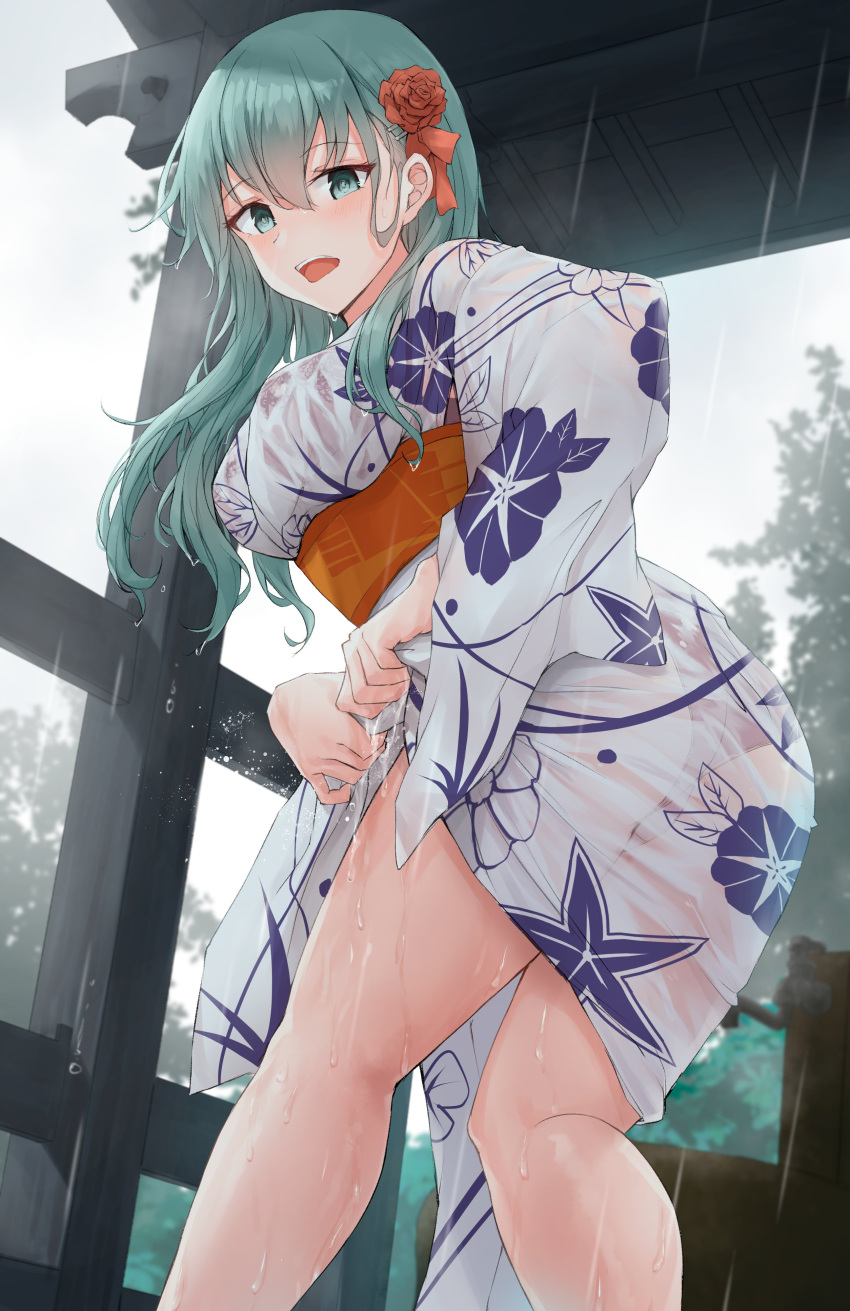 1girl absurdres aqua_hair hair_ornament hairclip highres japanese_clothes k_jie kantai_collection kimono long_hair open_mouth outdoors panties rain red_panties see-through see-through_skirt skirt suzuya_(kancolle) teeth underwear upper_teeth_only wet wet_clothes white_kimono yukata