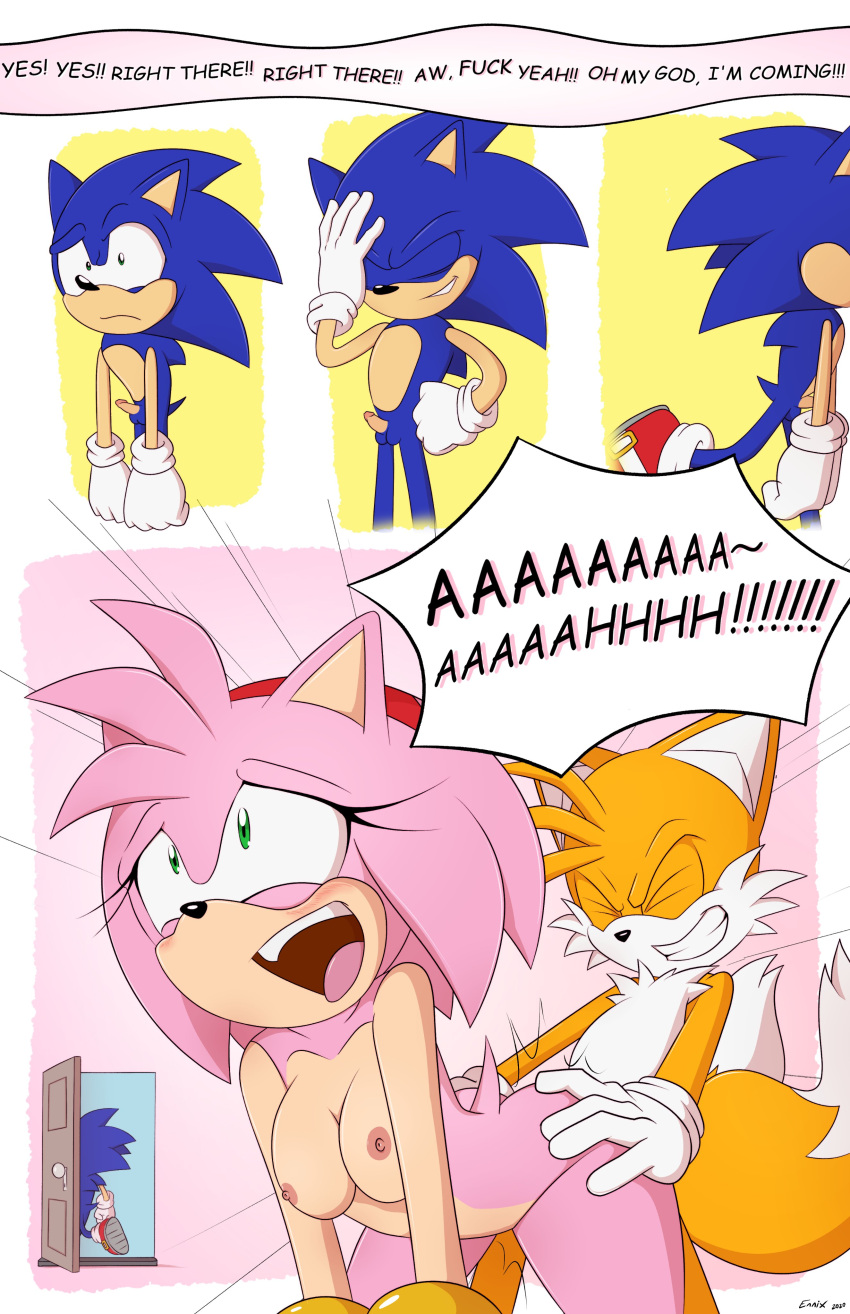 2020 2_tails absurd_res ambiguous_penetration amy_rose announcing_orgasm anthro arched_back areola bent_over big_pupils black_nose blue_body blue_fur bracelet breast_squish breasts butt butt_grab canid canine cheek_tuft chest_tuft clothing collarbone comic confusion dialogue dialogue_box dilated_pupils dipstick_tail dirty_talk doggystyle door duo_focus english_text ennix eulipotyphlan eyelashes eyes_closed facial_tuft female footwear fox from_behind_position fucked_silly fur genitals gloves green_eyes group hand_on_butt hand_on_hip handwear happy happy_sex head_tuft hedgehog hi_res humor impact_lines jewelry leaning leaning_forward looking_pleasured male male/female mammal markings medium_breasts miles_prower moan multi_tail multicolored_body multicolored_fur nipples open_mouth open_smile orgasm orgasm_face penetration penis pink_areola pink_background pink_body pink_fur pink_nipples porn_dialogue profanity pupils raised_shoulders red_clothing red_footwear red_hairband red_shoes relieved screaming sega sex shoes showing_teeth simple_background small_areola small_nipples small_penis smile sonic_the_hedgehog sonic_the_hedgehog_(series) squish standing standing_sex tail_markings text thick_thighs tongue tongue_out trio tuft walking_away white_body white_clothing white_fur white_gloves white_handwear yellow_background yellow_body yellow_fur