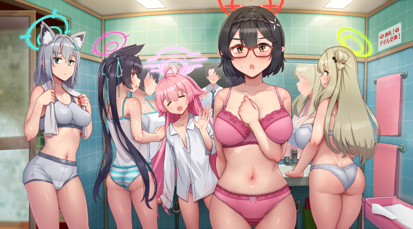 1boy 5girls abubu ahoge animal_ear_fluff animal_ears ass ass_visible_through_thighs ayane_(blue_archive) back backboob bathroom black_hair blue_archive blue_eyes blush bra breasts cat_ears dress_shirt extra_ears foreclosure_task_force_(blue_archive) glasses green_eyes green_halo grey_bra grey_hair grey_panties hair_between_eyes hair_ornament hair_ribbon halo highres hoshino_(blue_archive) huge_breasts indoors lace-trimmed_panties lace_trim large_breasts light_brown_hair long_hair looking_at_viewer looking_back medium_breasts mirror multiple_girls navel nonomi_(blue_archive) open_mouth panties pink_hair pink_halo pink_panties pointy_ears red-framed_eyewear red_bra red_eyes red_halo red_panties ribbon sensei_(blue_archive) serika_(blue_archive) shiroko_(blue_archive) shirt short_hair sink small_breasts smile sports_bra sports_panties standing striped_clothes striped_panties towel twintails underwear white_shirt wolf_ears