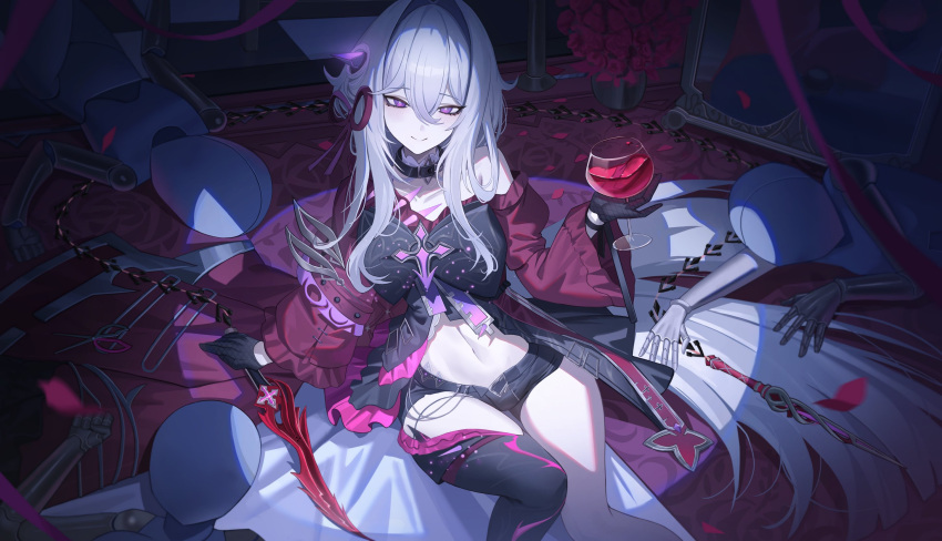 1girl anklet belly black_choker black_gloves black_ribbon black_shorts bright_pupils chain choker cross drink falling_petals flower gloves hair_ornament highres holding holding_drink honkai_(series) honkai_impact_3rd jacket jewelry jeze long_hair long_sleeves looking_at_viewer low_light navel petals puppet purple_eyes red_jacket red_ribbon ribbon second-party_source shorts single_bare_leg single_bare_shoulder single_leg_pantyhose sitting thelema_(honkai_impact) very_long_hair weapon whip_sword white_pupils