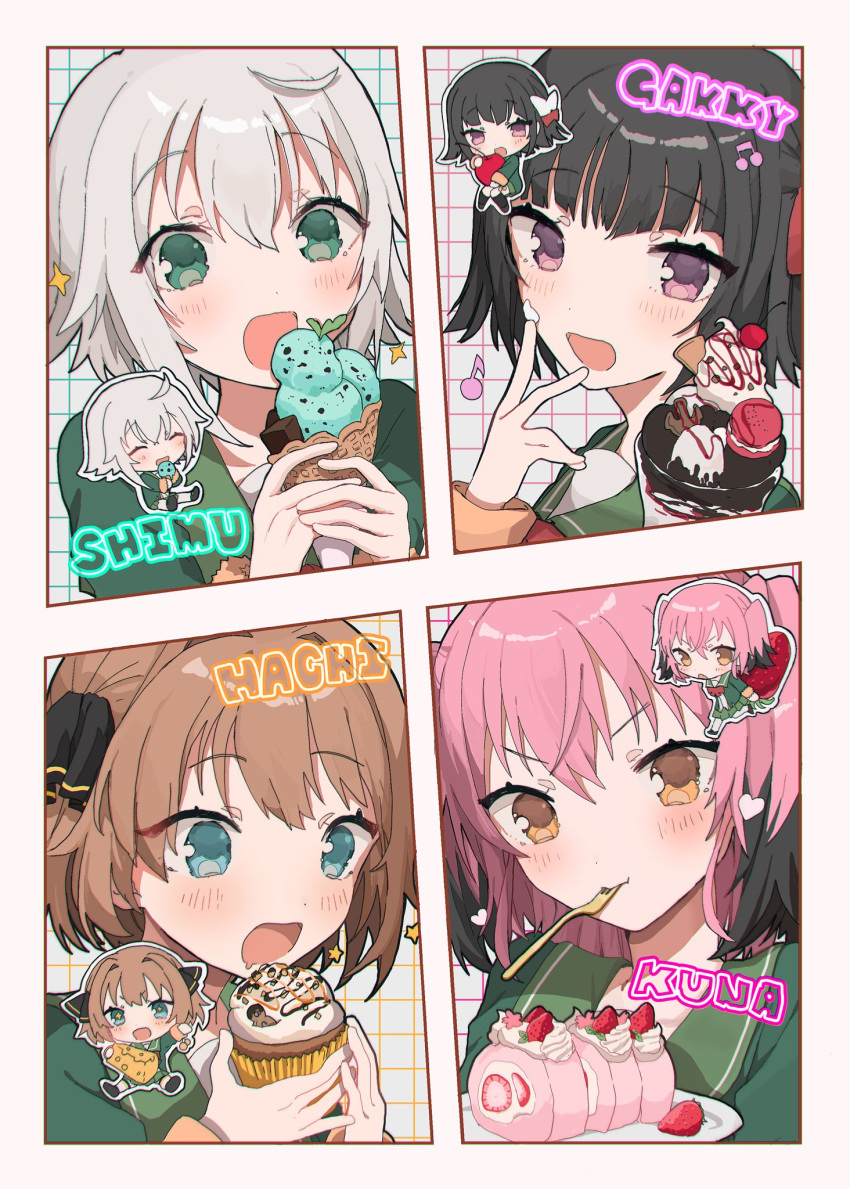 4girls black_hair blue_eyes brown_hair cake dessert food green_eyes hachijou_(kancolle) highres ice_cream ishigaki_(kancolle) kantai_collection kunashiri_(kancolle) muffin multiple_girls pink_hair purple_eyes shamomo shimushu_(kancolle) short_hair white_hair yellow_eyes