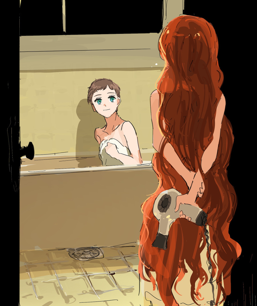 2girls arms_behind_back bare_shoulders bathtub brown_hair choroi_amachori drain_(object) eye_contact frill_(wonder_egg_priority) green_eyes hair_dryer highres holding holding_hair_dryer hoshina_azusa indoors long_hair looking_at_another multiple_girls naked_towel nude open_door short_hair sketch towel very_long_hair very_short_hair wonder_egg_priority