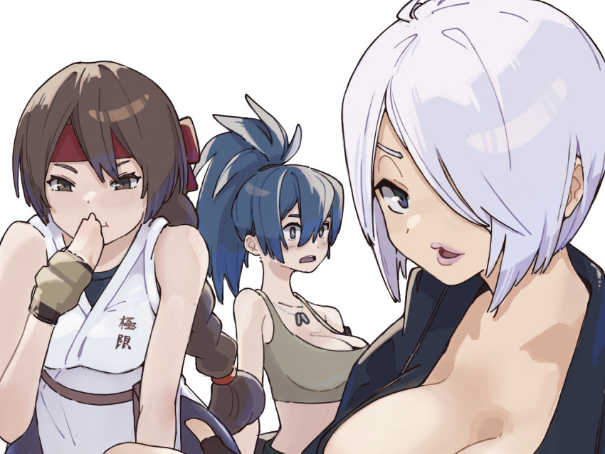 3girls angel_(kof) blue_eyes blue_hair braid brown_eyes brown_hair dog_tags dougi fingerless_gloves gloves hair_over_one_eye headband karate_gi leona_heidern lips multiple_girls ooiwa_(irc14786149) ponytail red_headband ryuuko_no_ken single_braid snk the_king_of_fighters white_hair yuri_sakazaki