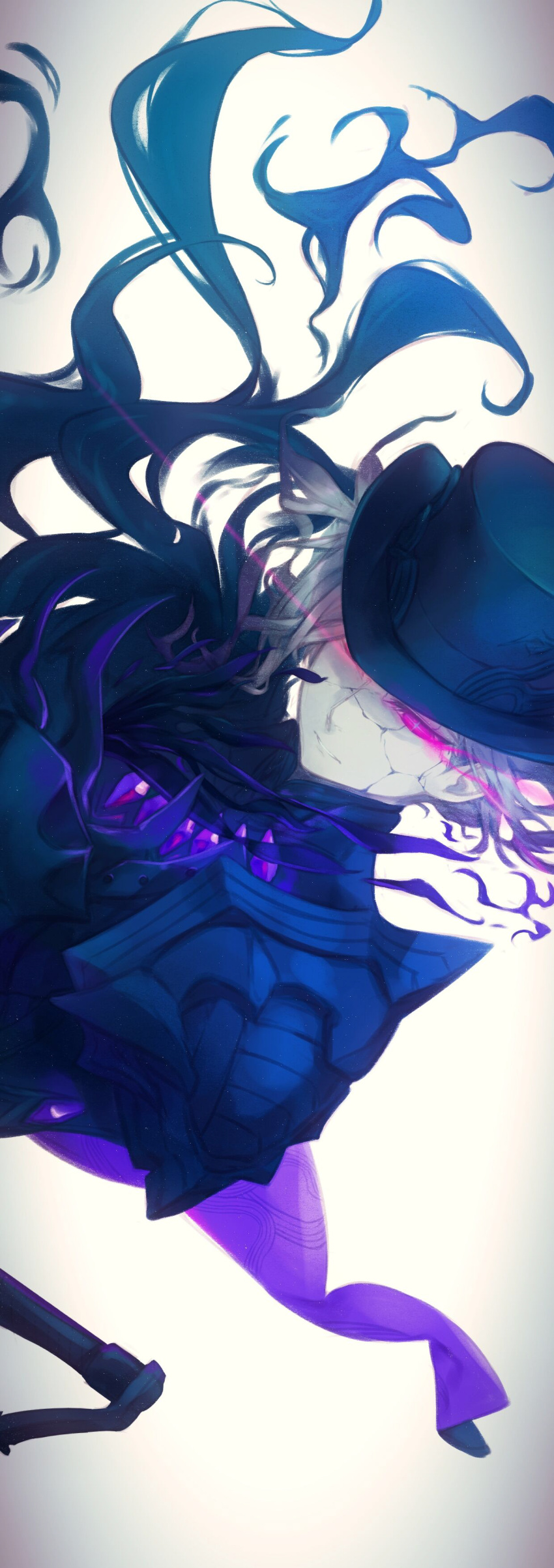 1boy absurdres cracked_skin cross-shaped_pupils daisi_gi edmond_dantes_(fate) eye_trail fate/grand_order fate_(series) glowing glowing_eye grey_hair hat highres light_trail male_focus purple_eyes symbol-shaped_pupils the_count_of_monte_cristo_(fate)