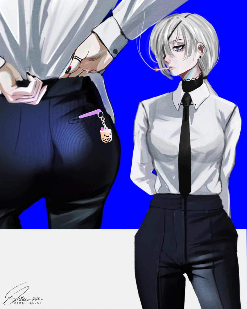 absurdres artist_name ass black_pants breasts chainsaw_man charm_(object) earrings eyepatch highres jewelry manicure nail_polish necktie pants quanxi_(chainsaw_man) shirt_tucked_in smoking suit tobacco white_hair zwei_illust