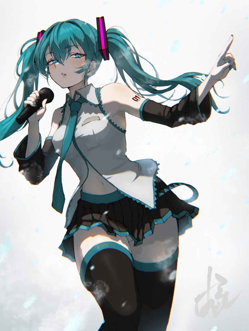 1girl absurdres arm_tattoo bare_shoulders black_skirt black_thighhighs blue_eyes blush breasts collared_shirt commentary detached_sleeves expressionless eyelashes feet_out_of_frame floating_hair green_hair green_nails green_necktie grey_background grey_shirt hair_between_eyes hand_up hatsune_miku highres holding holding_microphone hylran0427 index_finger_raised long_hair long_sleeves looking_at_viewer medium_breasts microphone miniskirt nail_polish navel necktie outdoors outstretched_arm parted_lips partially_unbuttoned pleated_skirt shirt signature simple_background skirt sleeveless sleeveless_shirt slit_pupils snowing solo standing tattoo thighhighs tsurime twintails very_long_hair vocaloid wide_sleeves zettai_ryouiki