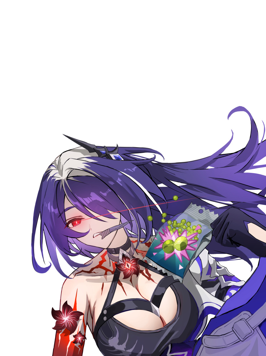 1girl absurdres acheron_(honkai:_star_rail) black_choker black_gloves body_markings breasts choker cleavage detached_sleeves flower gloves glowing glowing_eye hair_over_one_eye highres honkai:_star_rail honkai_(series) long_hair multicolored_hair purple_hair red_eyes red_flower single_bare_shoulder solo streaked_hair sun_machi_(user_nejx5324) trick_snack_(honkai:_star_rail) white_background white_hair