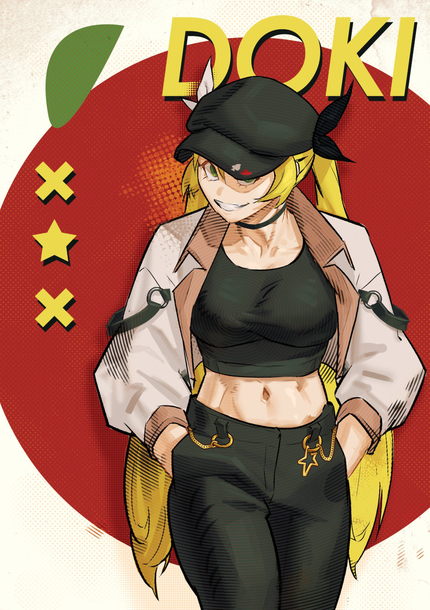 abs absurdres arm_strap black_choker black_pants black_shirt blonde_hair blue_eyes breasts cabbie_hat chain character_name choker coat collarbone commentary cowboy_shot crop_top dokibird_(vtuber) english_commentary gold_chain grin gusbasil hands_in_pockets hat highres indie_virtual_youtuber jacket long_hair long_sleeves medium_breasts midriff navel open_clothes open_coat pants popped_collar shirt sidelocks smile spade_(shape) star_(symbol) tomato twintails very_long_hair virtual_youtuber x