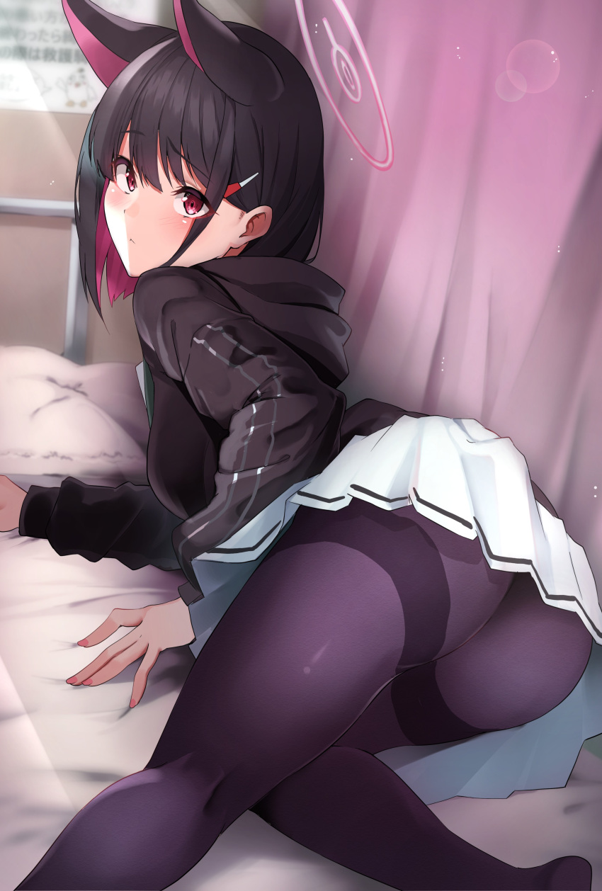 1girl absurdres ahiru animal_ears ass bangs bed_sheet black_hair black_jacket black_pantyhose blue_archive blush closed_mouth colored_inner_hair curtains halo highres infirmary jacket kazusa_(blue_archive) kneeling looking_at_viewer multicolored_hair on_bed pantyhose pink_hair pleated_skirt red_eyes sezok sidelocks skirt solo sunlight two-tone_hair white_skirt window